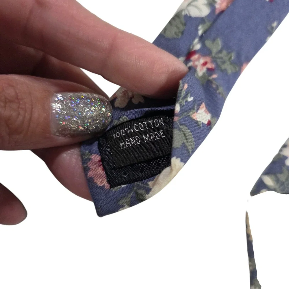 NM Nicks Mens‎ Necktie Blue Cotton Skinny Floral Pattern Handmade Novelty Casual